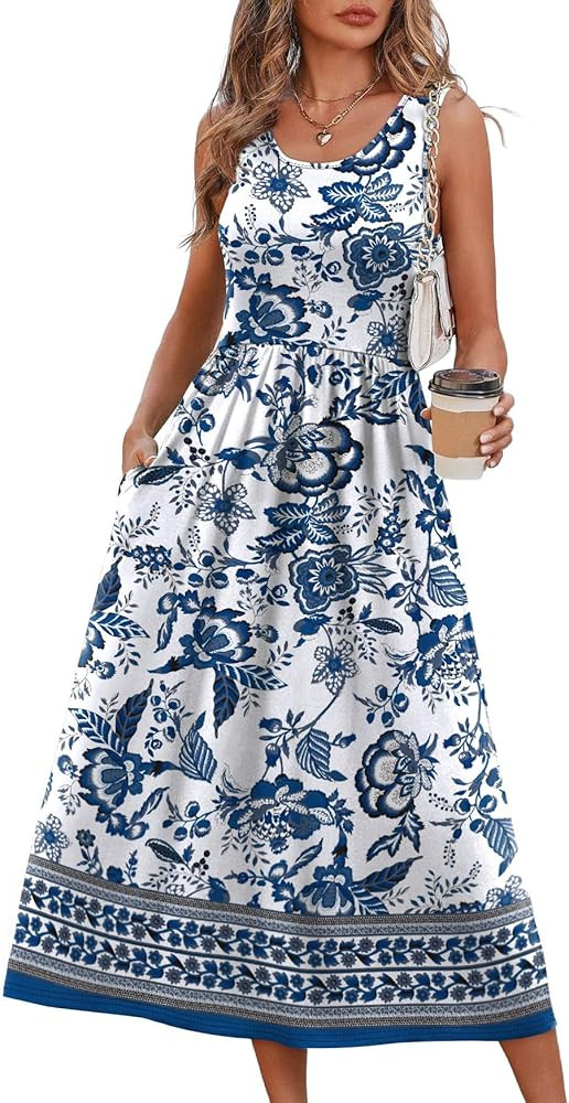 WIHOLL Summer Dresses for Women Flowy Casual Midi Dress Beach Vacation Sundresses with Pockets | Amazon (US)