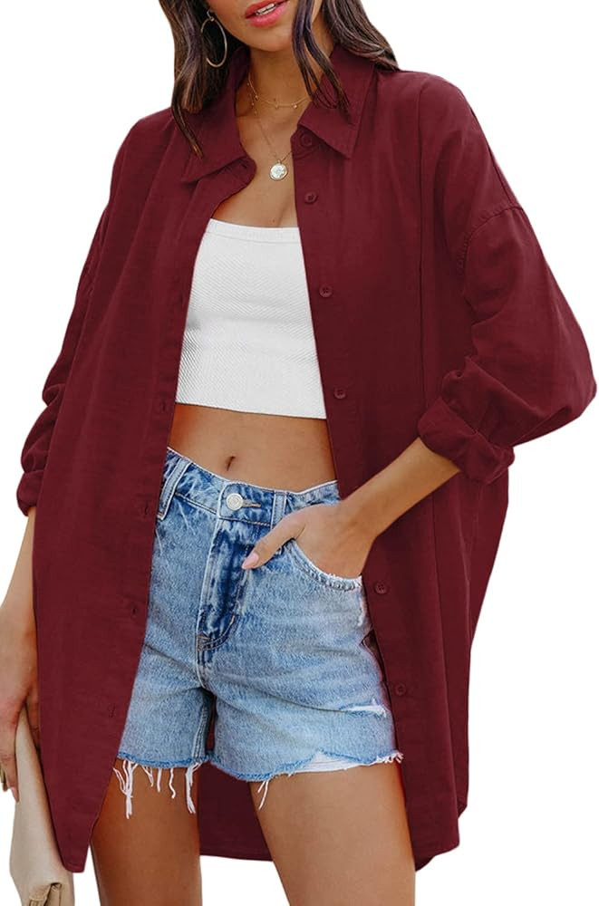 FSHAOES Womens Oversized Button Down Shirts Casual Loose Long Sleeve Solid Lapel Long Blouses Top... | Amazon (US)