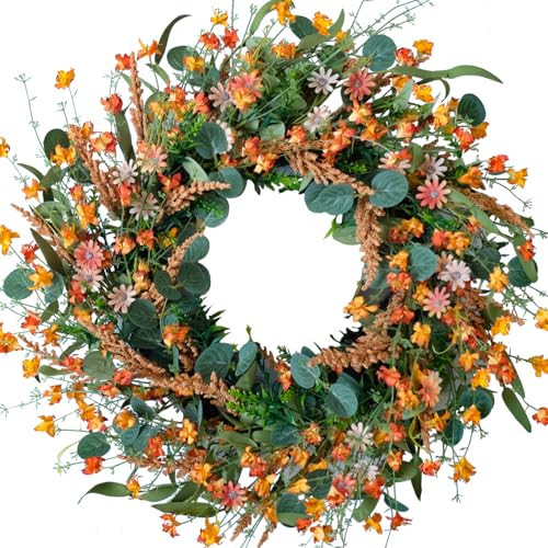 22" Artificial Fall Wreath for Front Door Autumn Wreaths with Eucalyptus Leaf Mixed Grain Daisies and Forsythia for Indoors Outside Home Decoration(Green) | Amazon (US)