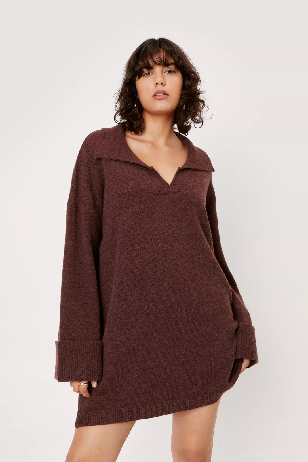 Wide Sleeve V Neck Collar Knit Jumper Dress | Nasty Gal (US)