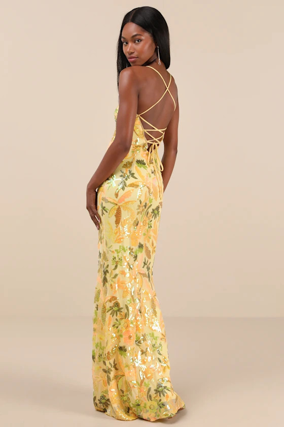 Glittering Icon Yellow Iridescent Sequin Lace-Up Maxi Dress | Lulus