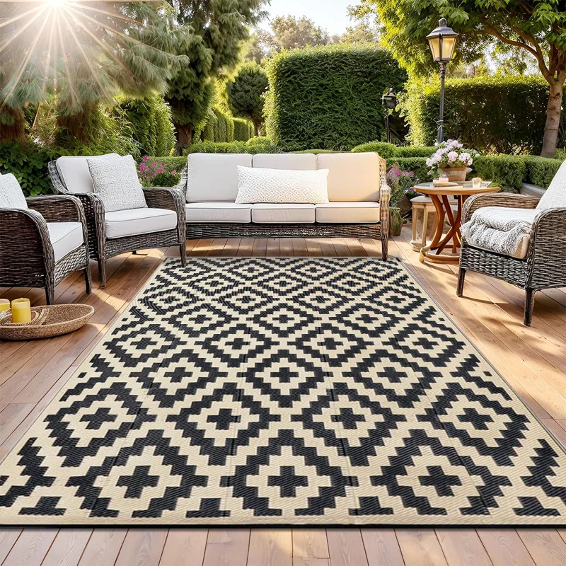 Geometric Black and Beige Outdoor Rugs with Cross Pattern | Wayfair North America