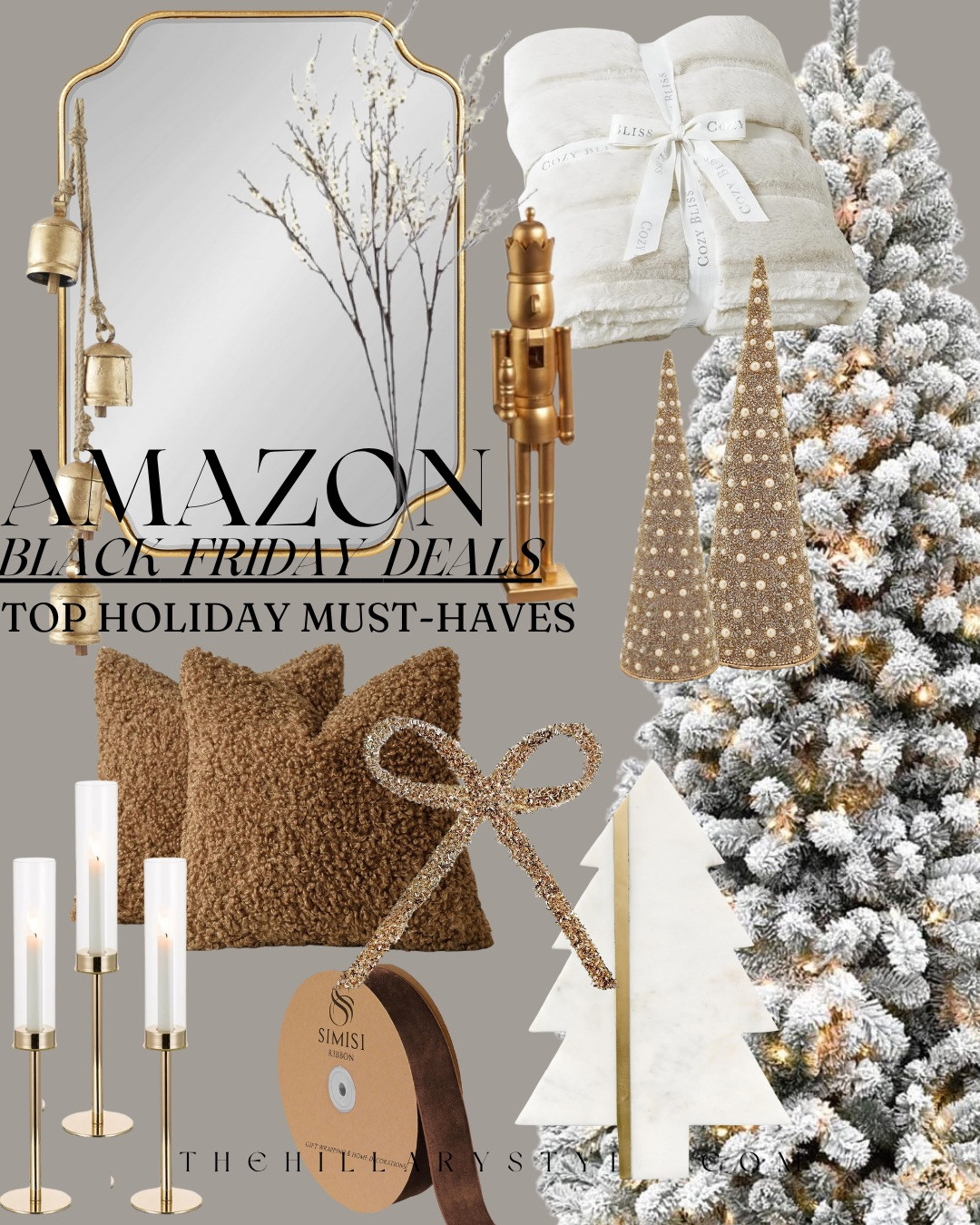 ELEVATED HOLIDAY DECOR · AMAZON BLACK FRIDAY MUST-HAVES. A curated selection of neutral, high-end holiday accents designed to elevate any space for the season. Featuring warm textured pillows, gold candleholders, metallic decor trees, marble accents, a luxe throw blanket, and a flocked Christmas tree for a refined winter look. Each piece blends seamlessly into modern, minimal, and elevated interiors for a polished holiday aesthetic.


#Amazon #TheHillaryStyle #HolidayDecor #NeutralHolidayDecor #ChristmasAesthetic #AmazonHome #DesignerLookForLess #ModernOrganicDecor #CozyHomeStyle #ElevatedSeasonalDecor #WinterHomeStyle 

 #LTKGiftGuide #LTKHoliday #LTKSaleAlert