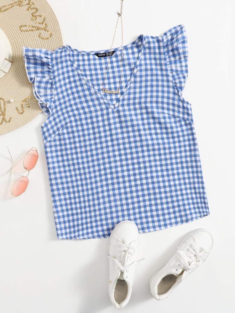 SHEIN Gingham Butterfly Sleeve Top | SHEIN