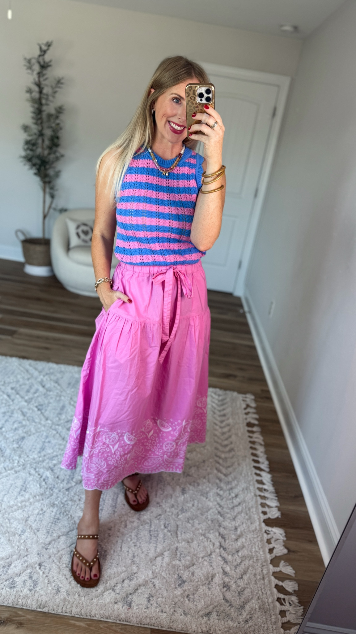 Daily try on, Walmart outfit, Walmart fashion, Walmart try on, Walmart style, pink and blue striped sweater tank, pink midi skirt

#LTKootd #LTKmomlife