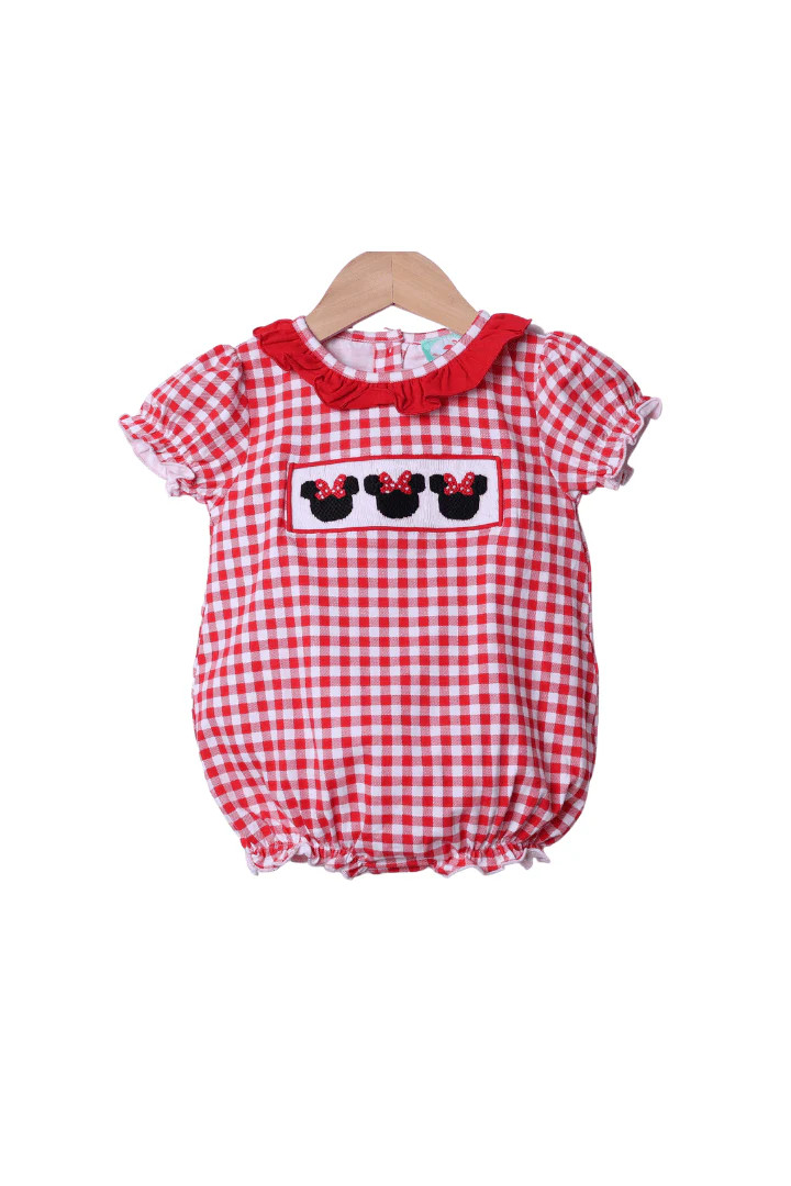 Smocked Red Gingham Short Sleeve Mouse Ruffle Bubble | The Smocked Flamingo