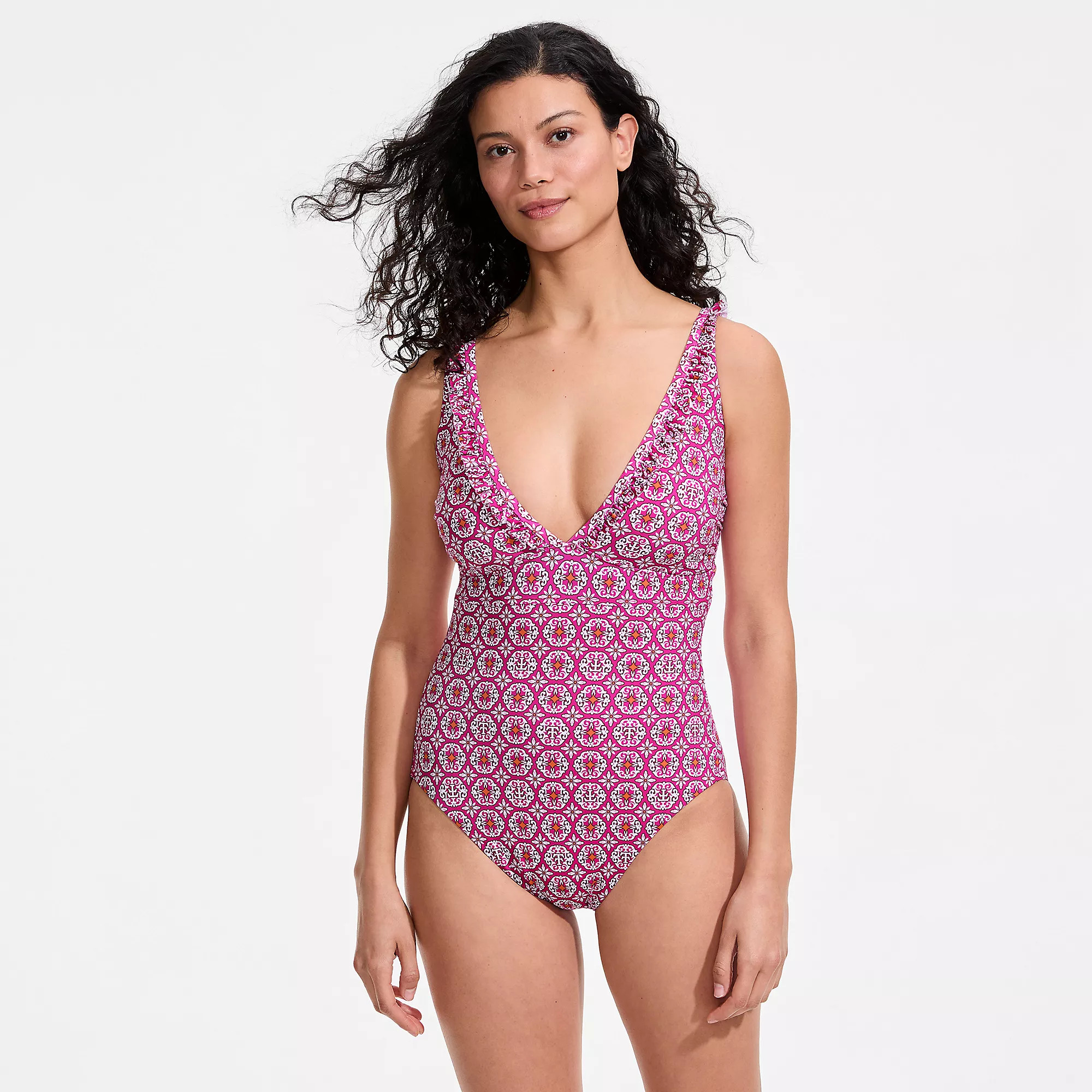 Women's Mastectomy LE x T and T The Tegan Ruffle V-Neck Plunge One Piece | Lands' End (US)