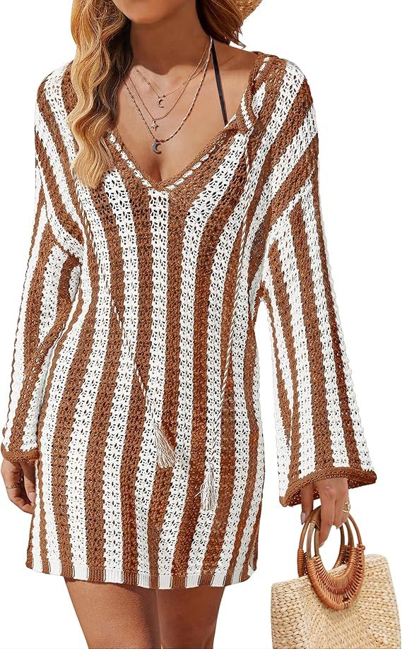 ZESICA Women's Summer Crochet Bathing Suit Cover Ups Striped Long Sleeve Swimsuits Mesh Knit Beac... | Amazon (US)