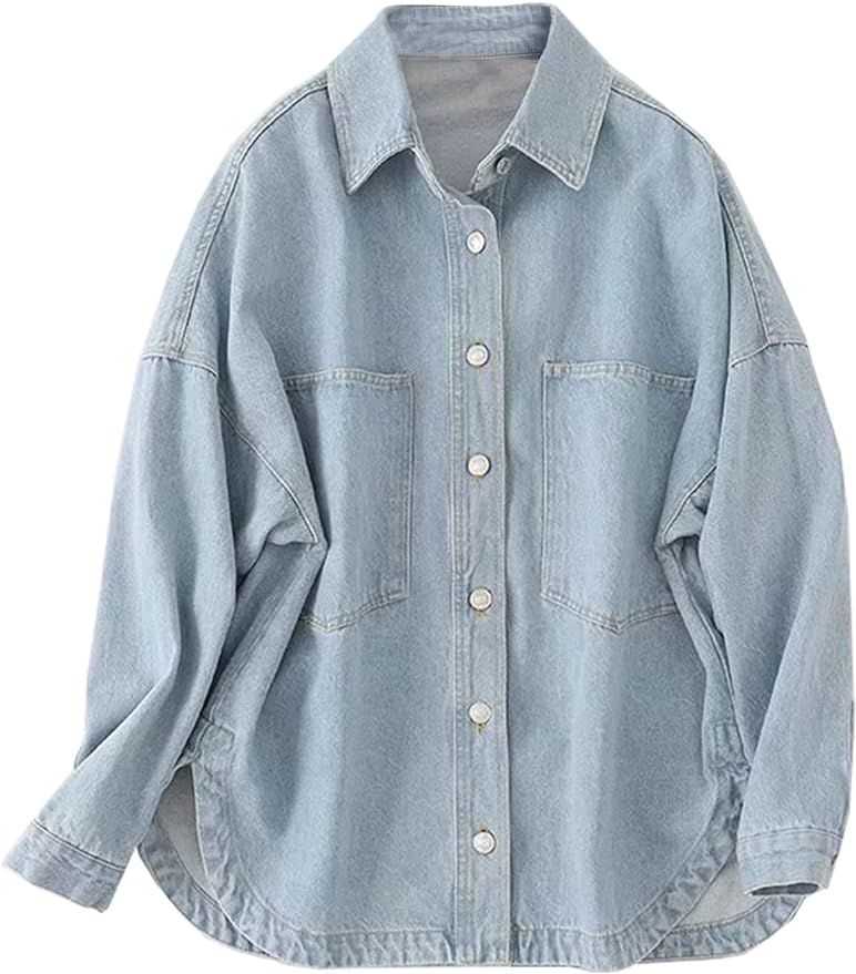 Womens Denim Shirt Long Sleeve Oversized Boyfriend Jean Jacket Shacket Trendy Button Down Shirt | Amazon (US)