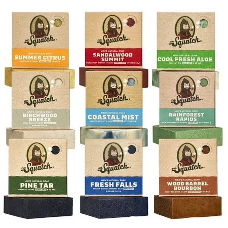 Dr. Squatch Natural Bar Soap for Men Variety Gift Set - Cold Process No Harsh Chemicals - Rainforest Rapids, Fresh Falls, Birchwood Breeze, Wood Barrel Bourbon, Pine Tar & more (5 oz, 9-Pack) | Walmart (US)