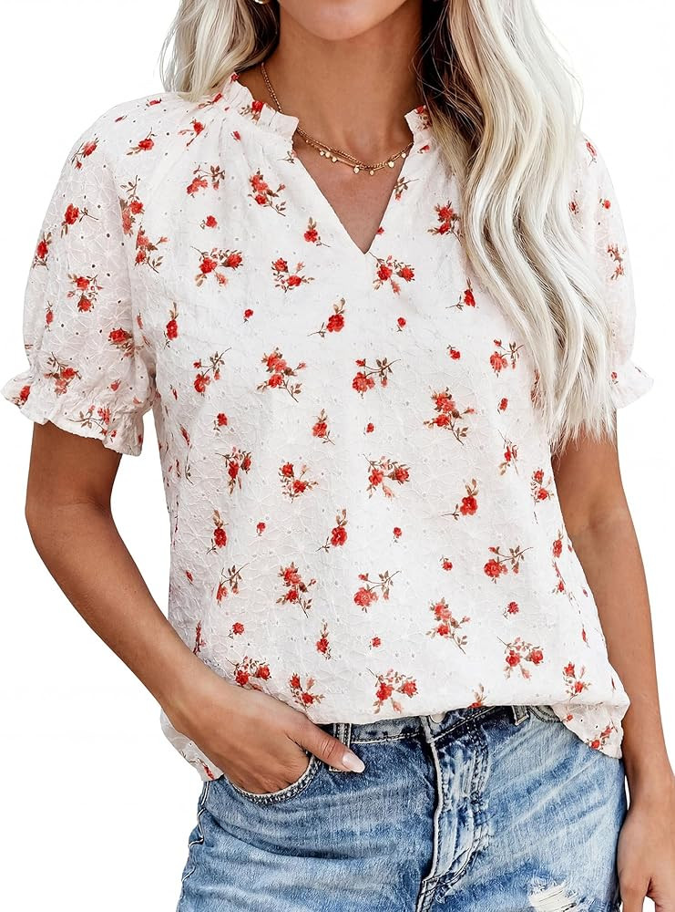 PRETTYGARDEN Summer Short Sleeve V Neck Shirts for Women 2026 Trendy Floral Print Loose Ruffle To... | Amazon (US)