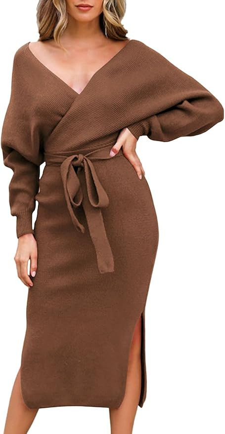 Fixmatti Women's Elegant V Neck Wrap Knit Dresses Batwing Sleeve Backless Slit Maxi Dress with Be... | Amazon (US)