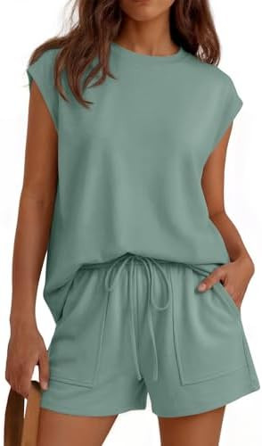 LILLUSORY Womens Crew Neck Cap Sleeve Drawstring Two Piece Summer short Sets Sweatsuit with Pocke... | Amazon (US)