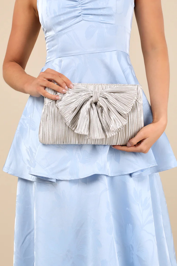 Odilia Champagne Lurex Pleated Bow Clutch | Lulus