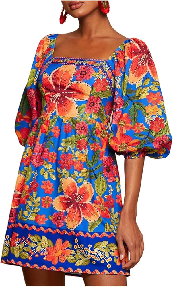 Floerns Women's Floral Tie Back Puff Sleeve A Line Dress Square Neck Boho Dresses | Amazon (US)