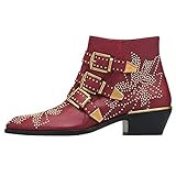 GEEDIAR Leather Ankle Boots,Women Low Heel Studded Chunky Buckle Mental Rivet Red Bootie Size 9 | Amazon (US)
