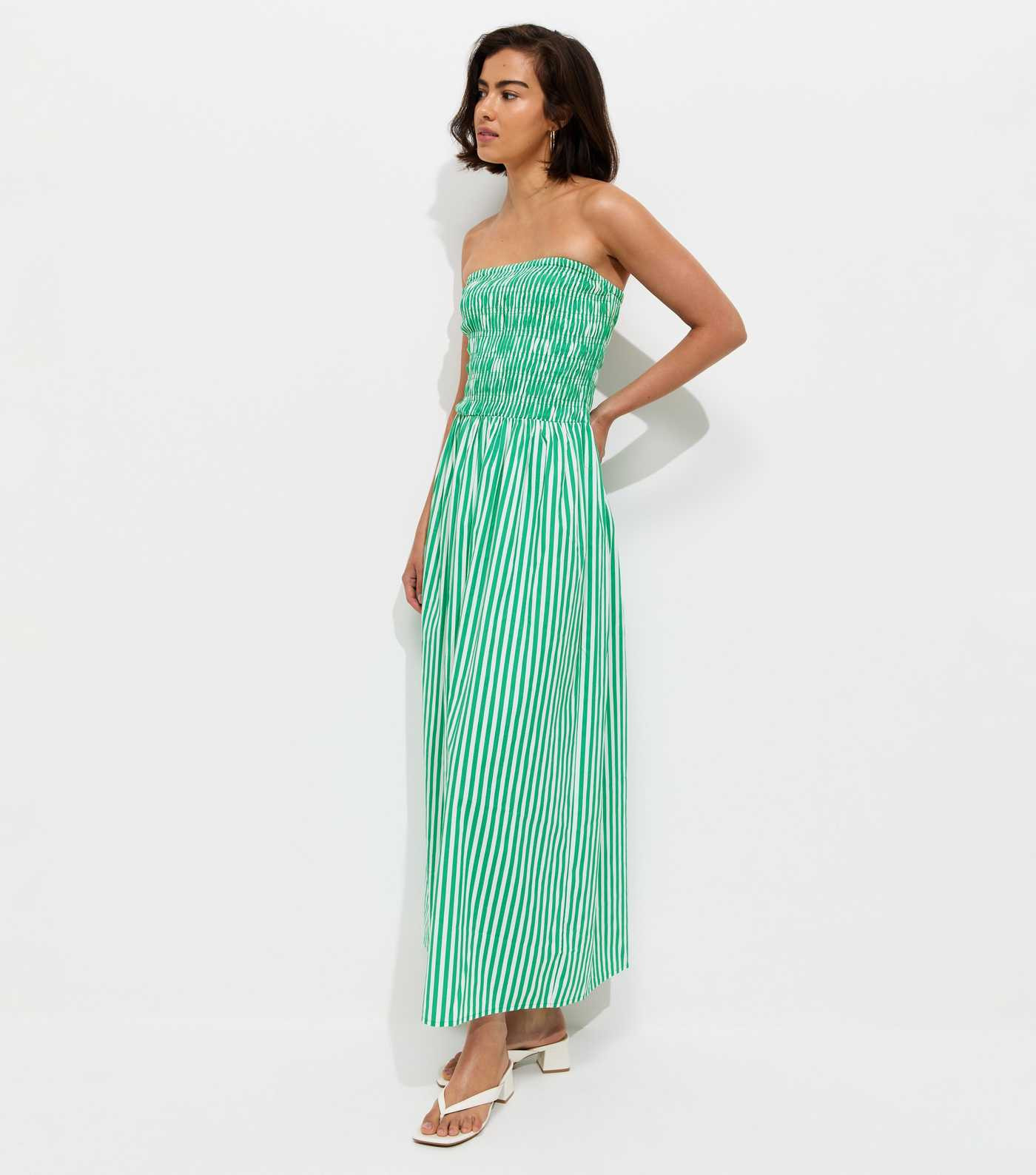 Green Striped Shirred Bandeau Dress | New Look | New Look (UK)