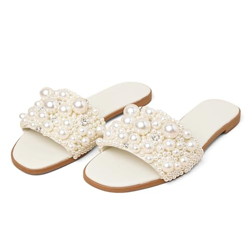 Wnshonzy Pearl Flat Sandals for Women Dressy Sparkly Open Toe Pearl Slides Cute Beach Sandals for Women Bling Sandals | Amazon (US)