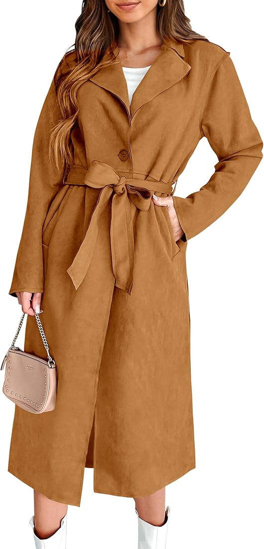 PRETTYGARDEN Women's Fall Fashion Overcoat Faux Suede Shacket Jacket Lapel Belted Long Winter Tre... | Amazon (US)