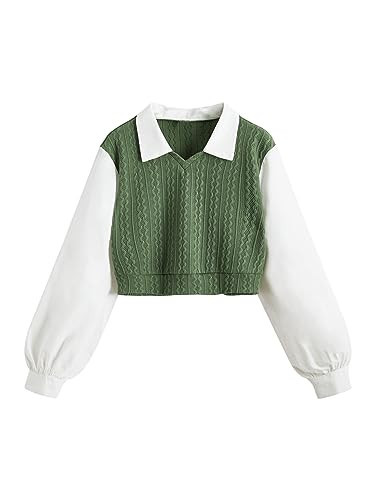 SweatyRocks Women's Collar Long Sleeve Shirt Ribbed Knit 2 in 1 Blouse Crop Top Sweater Shirt Top Green M | Amazon (US)