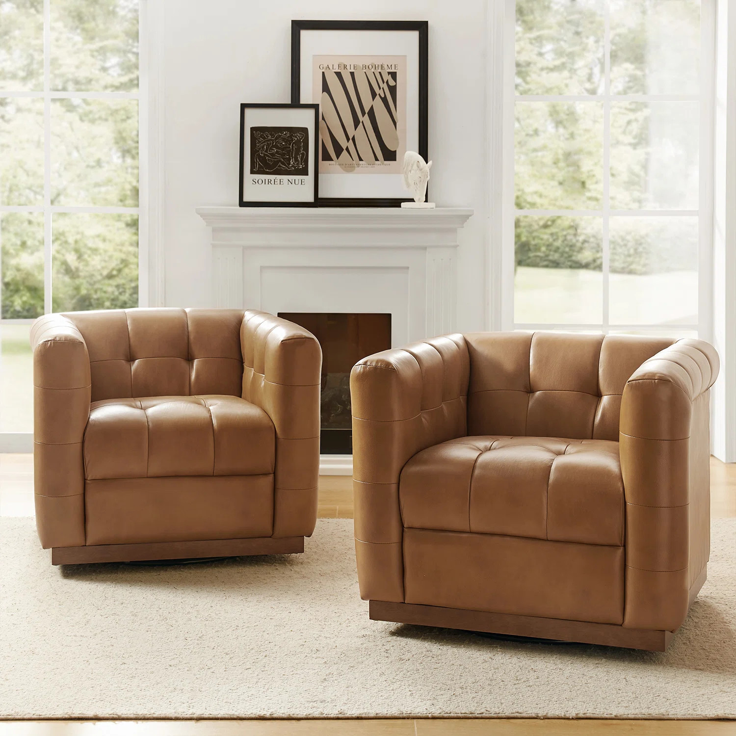 Sonika 32.5" W Genuine Leather Square Swivel Barrel Club Chair with Solid Wood Frame (Set of 2) | Wayfair North America