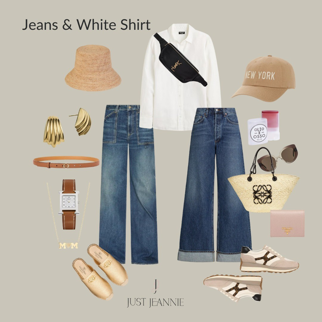 You can't beat a classic outfit of jeans and a white shirt. It's the perfect way to accessorize.#jeans #hermes #loewebag #loewesneakers #justjeannie #traveloutfit #jeansandanicetop#jeanswomens #jeansandsneakers

