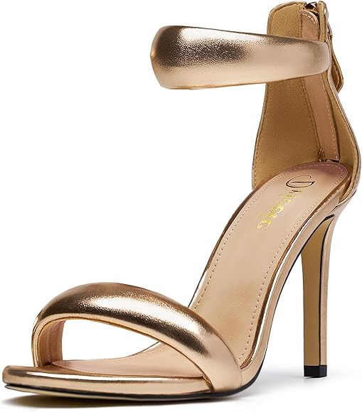 Women's Pump Open Toe Heel Sandals Back Zipper Round Ankle Strappy Stiletto Heels Sparkle Glitter... | Amazon (US)