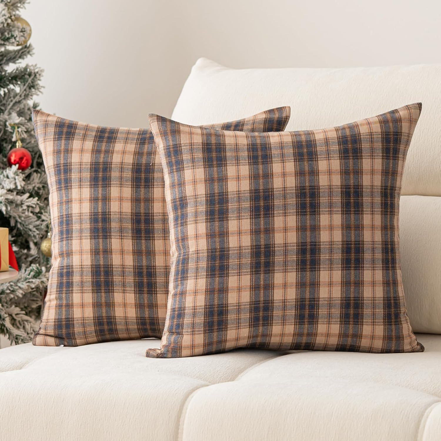 Christmas Pillow Covers 18x18 Set of 2, Christmas Decorations Scottish Tartan Plaid Throw Pillow Cases Farmhouse Decorative Square Cushion Case for Sofa Couch Home Decor (Plaid F,18''x18'') | Amazon (US)