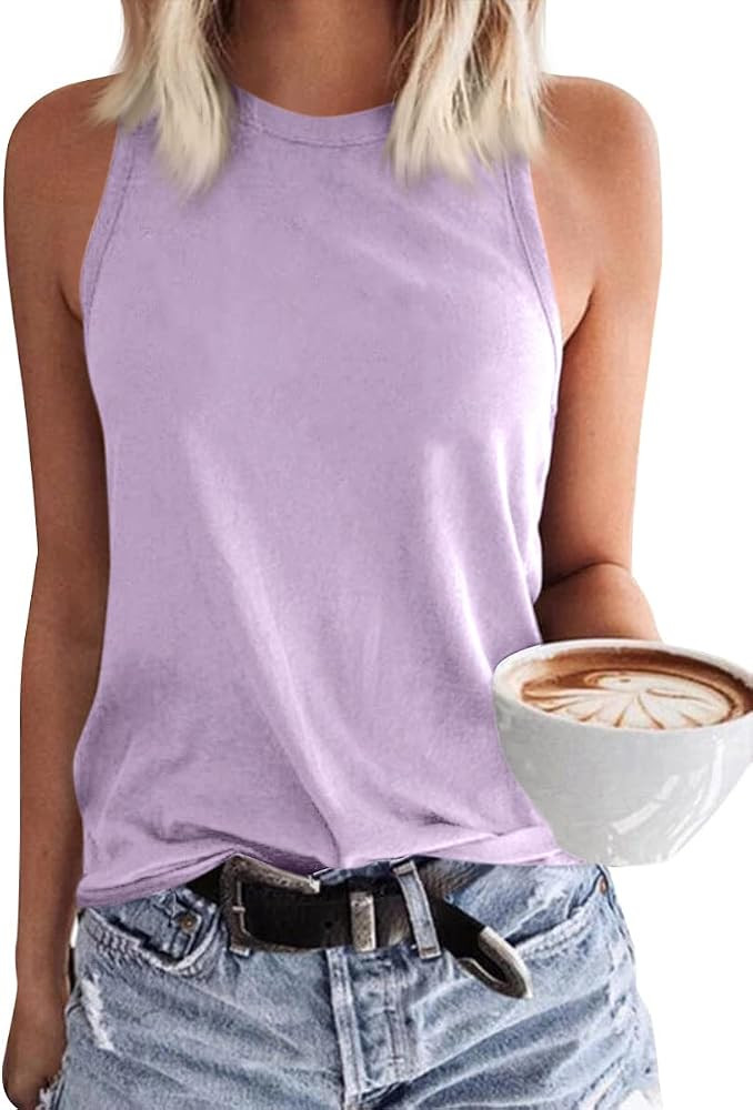 Langwyqu Women's Tank Tops Summer Basic Crewneck Sleeveless Casual Loose Fit Shirts Tees | Amazon (US)