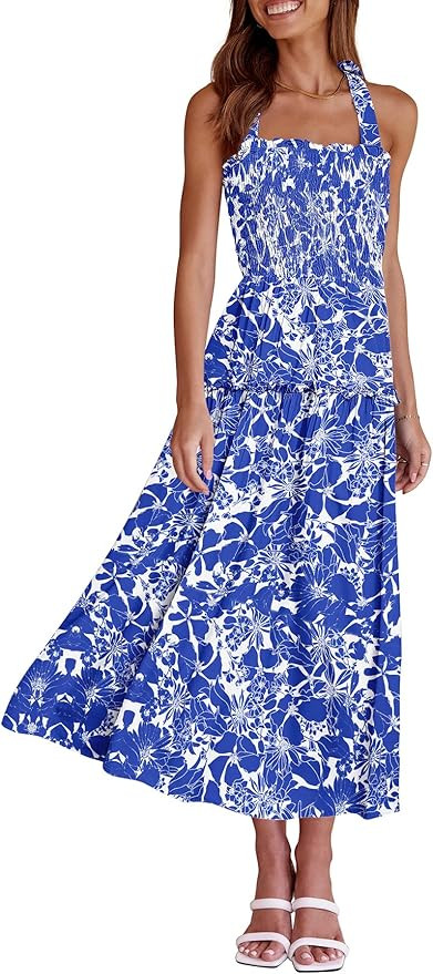 PRETTYGARDEN Women's 2023 Summer Maxi Dress Halter Neck Backless Ruffle Smocked Casual Long Flowy... | Amazon (US)