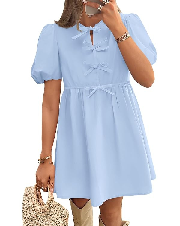 ZESICA Women's Summer Short Sleeve Tie Front Mini Dress Cute Babydoll Ruffle Pleated A Line Tunic... | Amazon (US)