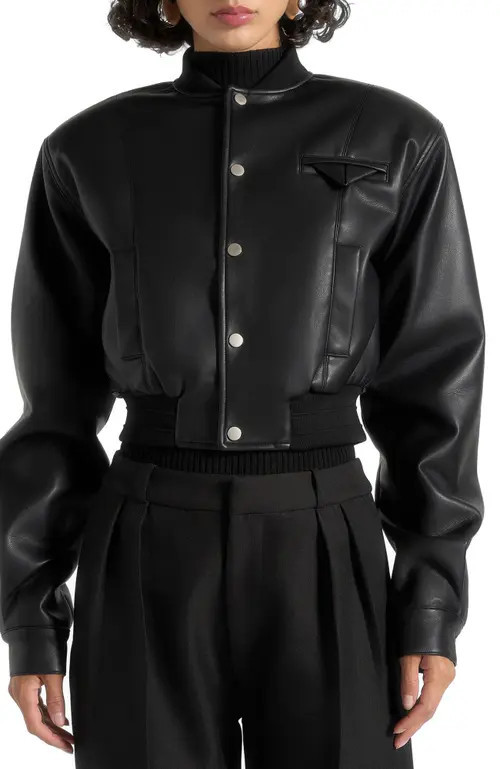 Manière De Voir Zina Leather Wide Shoulder Bomber Jacket in Black at Nordstrom, Size 0 | Nordstrom