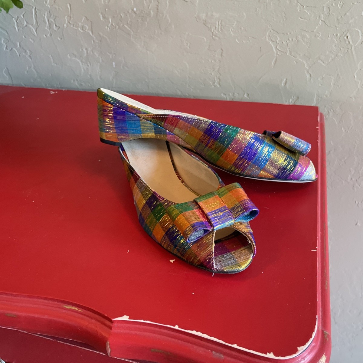 Stuart Weitzman Size 7M Multicolor Candy Plaid Silk Bow Mule Tinsel Gold Thread | eBay | eBay US