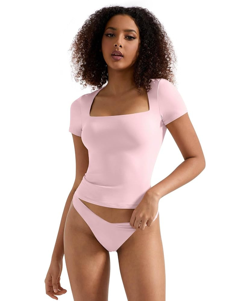 SUUKSESS Women Double Lined Fitted Basic Tee Square Neck Short Sleeve Y2K Crop Top | Amazon (US)