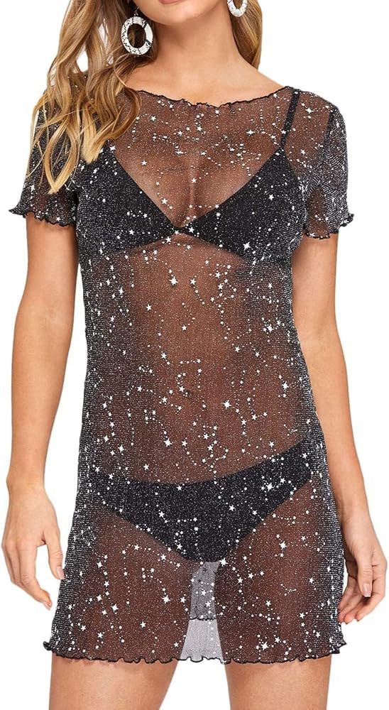 Floerns Women's Sheer Mesh See Through Glitter Swimsuit Cover Up | Amazon (US)
