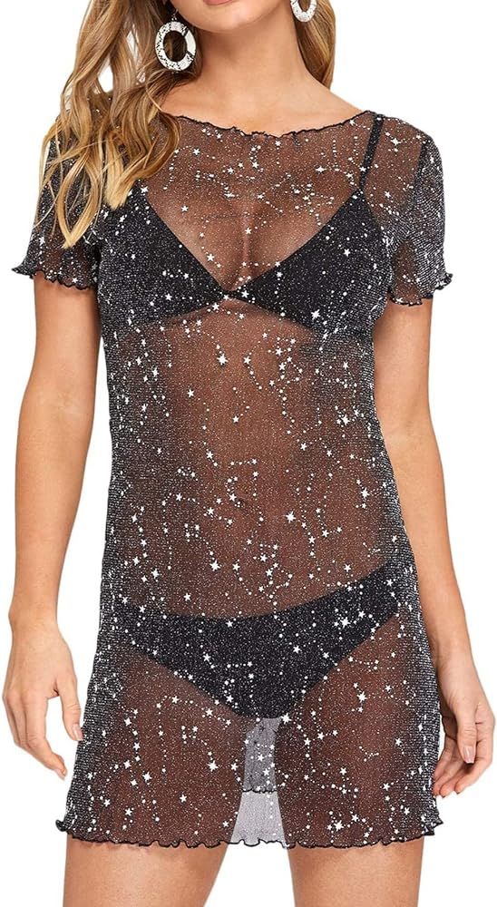 Floerns Women's Sheer Mesh See Through Glitter Swimsuit Cover Up | Amazon (US)