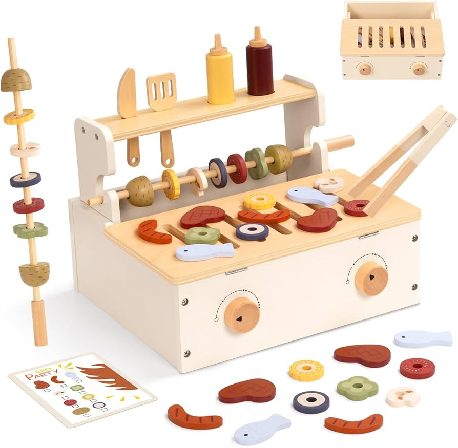 OOOK Wooden Kids BBQ Grill Playset, Play Barbecue Toy Grill with 25 PCS Toy Food and Grilling Too... | Amazon (US)