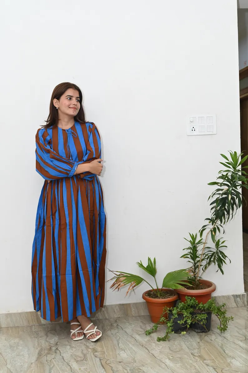 Stripe Block Print Cotton Midi Dress: Balloon Sleeves, Tie Neckline | Etsy (US)