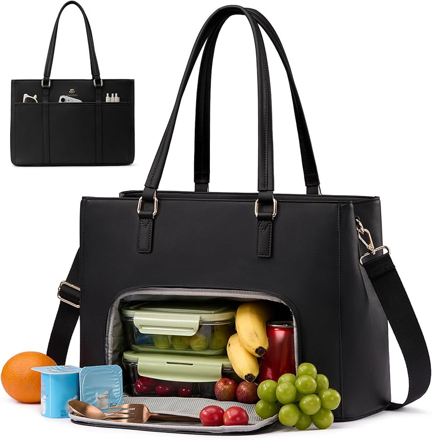 LOVEVOOK Lunch Bag for Women, Leather Work Laptop Tote Bag with Insulated Lunch Compartment for O... | Amazon (US)