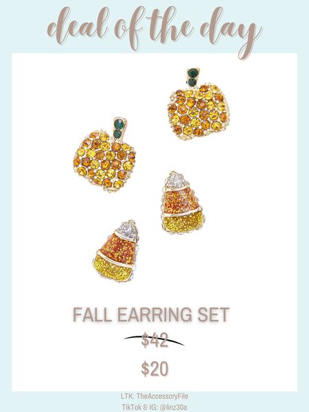 Fall earrings on sale - deal of the day 

Candy corn earrings, pumpkin earrings, fall earrings, BaubleBar finds, Halloween earrings, Halloween jewelry, fall jewelry 

#LTKHalloween #LTKsalealert #LTKunder50