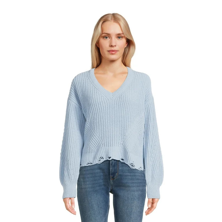 No Boundaries Juniors Chenille V-Neck Sweater, Sizes XS-3XL | Walmart (US)