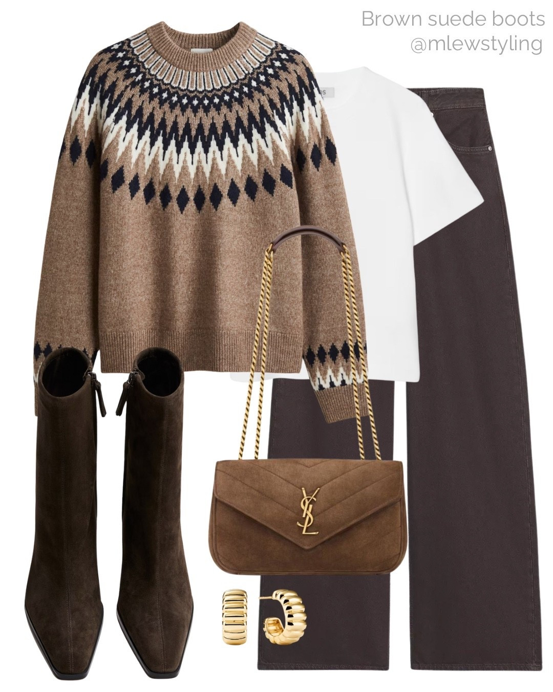Autumn outfit with a fair-isle sweater 🤎🍂

Tags: fall outfit, new in H&M jumper, COS white t-shirt, Zara brown wide leg jeans, espresso brown suede boots, heeled booties, ysl brown suede shoulder bag, Mejuri gold hoop earrings, neutral aesthetic, capsule wardrobe, workwear, office outfit, fall trends 

#LTKItBag #LTKWorkwear #LTKShoeCrush