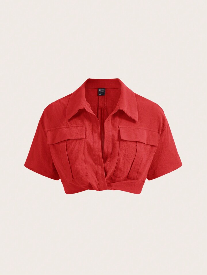 SHEIN EZwear Ladies' Red Woven Short Sleeve Cropped Shirt For Summer | SHEIN