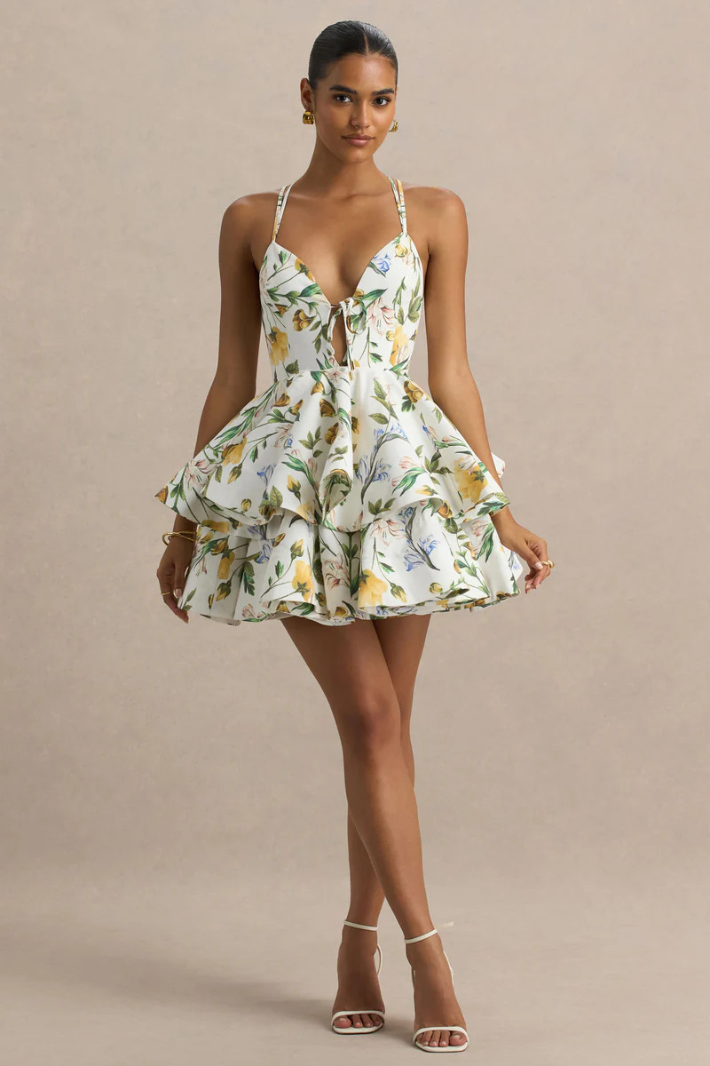 Flavia | White Botanical Print Linen Plunge-Neck Ruffled Skater Micro-Mini Dress | Club L London