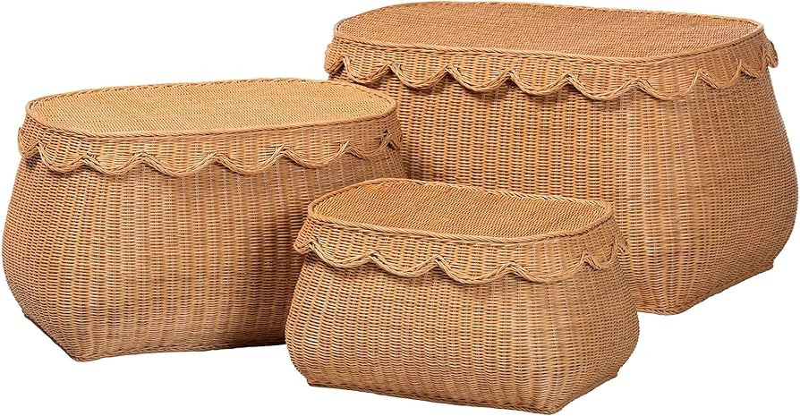 bali & pari Ayleen Natural Rattan Basket Set with Scalloped Lids – Handwoven Wicker Storage Box... | Amazon (US)