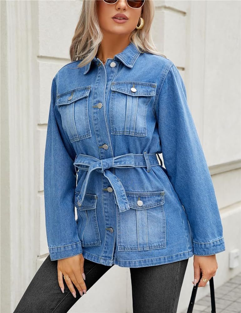 Ladyful Womens Denim Jacket Long Sleeve Jean Coat Outerwear with Blet | Amazon (US)