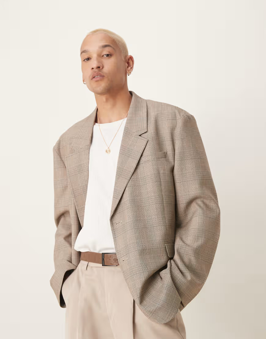 ASOS DESIGN slouchy oversized blazer in brown check | ASOS (Global)