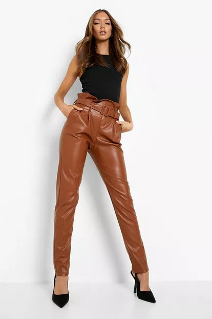 Belted Paperbag Waist Pu Tapered Pants | Boohoo.com (US & CA)