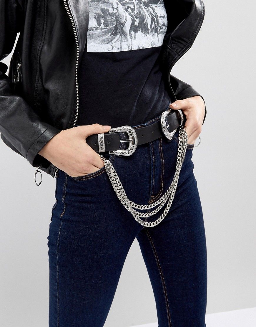 ASOS Double Buckle Western Belt With Chain Detail - Black | ASOS US