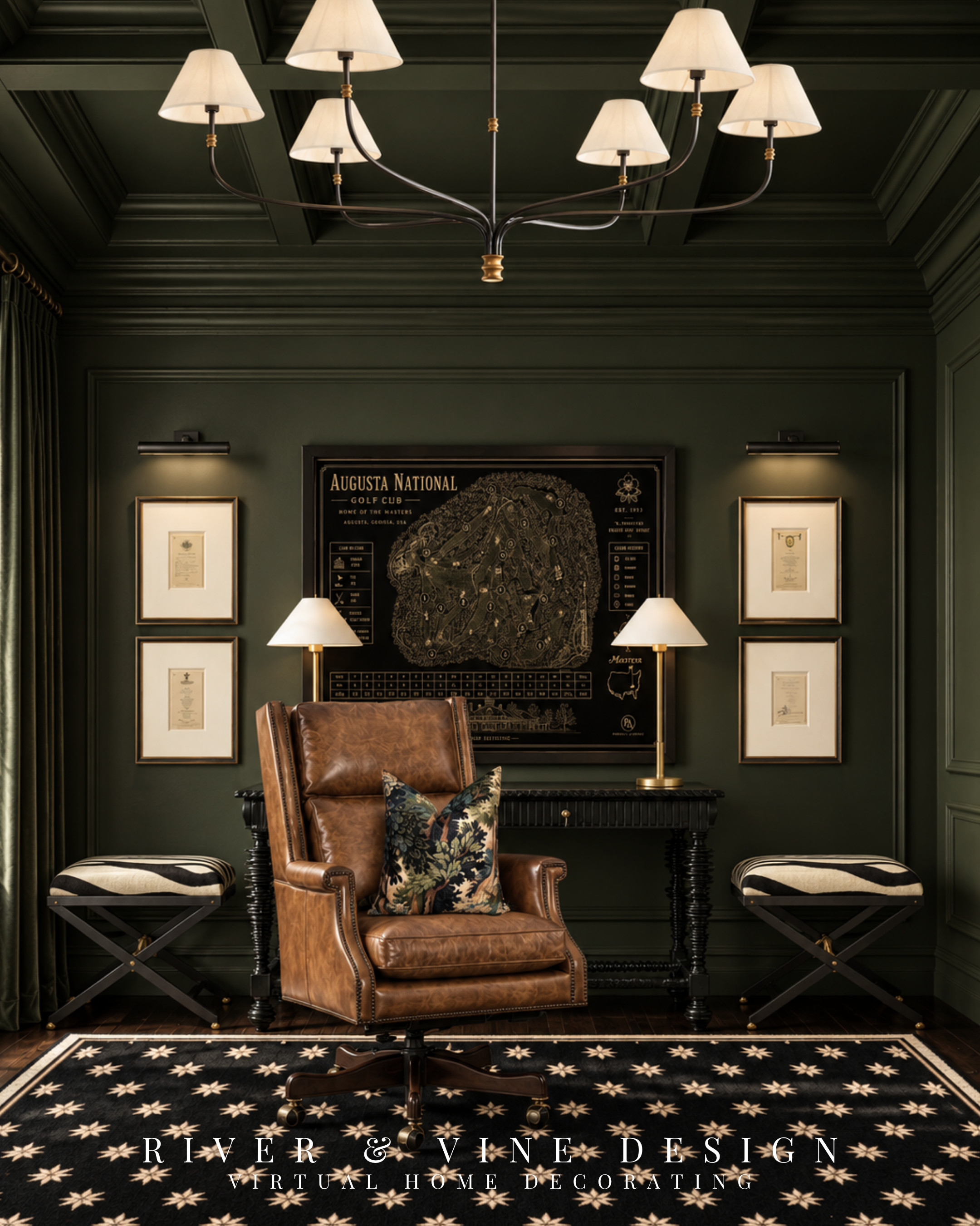 Give your desk wall a focal point. In this traditional home office, one oversized artwork anchors the desk, while paired lamps and smaller frames create balance. Repeating that symmetry with zebra stools makes the bold print feel intentional. The cognac chair adds warm contrast so the black desk and dark olive walls don’t visually blend together.

traditional home office, black writing desk, cognac office chair, zebra print stools, golf wall art, dark olive office, home office lighting

I may receive a commission from purchases made through my links.
 

 #LTKHome